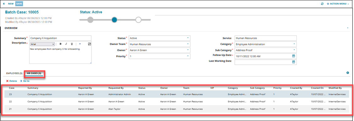 Select the HR Cases tab to see the new linked cases appear